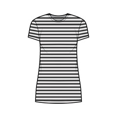 Dress sailor technical fashion illustration with stripes, short sleeves, oversized body, mini length pencil skirt. Flat apparel front, grey color style. Women, men unisex CAD mockup