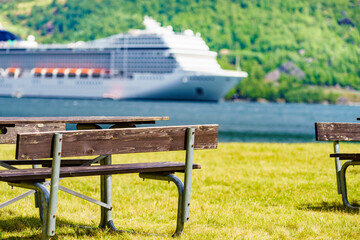 Poster - Rest area and cruise ship on fjord, Flam Norway