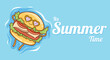 cute burger floating relax with a summer greeting banner