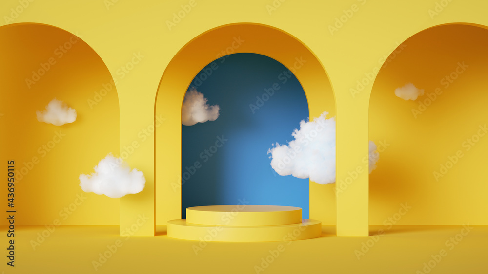 3d render, abstract background with blue sky inside the arch windows on the yellow wall. White clouds fly inside the room - obrazy, fototapety, plakaty 