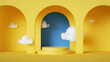 3d render, abstract background with blue sky inside the arch windows on the yellow wall. White clouds fly inside the room