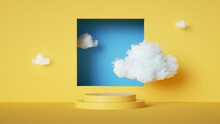 3d Render, Abstract Yellow Background With White Clouds Fly Inside Blue Square Hole. Simple Showcase Scene With Empty Stage For Product Presentation