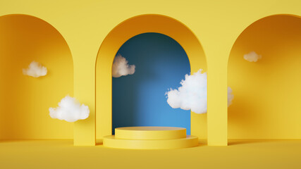 Wall Mural - 3d render, abstract background with blue sky inside the arch windows on the yellow wall. White clouds fly inside the room