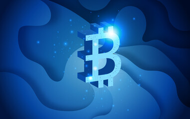Fototapete - Bitcoin conceptual background with blue electric lights on abstract shape curve. Bitcoin Futuristic Sci-Fi Blockchain Technology Circular HUD Background Digital. cryptocurrency coins flying with texts