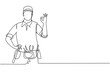 © Simple Line - Continuous one line drawing handyman with gesture okay ready to work on repairing the damaged part of house. Professional work. Success business. Single line draw design vector graphic illustration