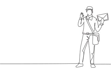 Poster - Continuous one line drawing postman standing in a hat, sling bag, uniform, holding envelope, and with gesture okay delivering mail to home address. Single line draw design vector graphic illustration