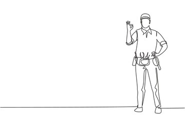 Poster - single continuous line drawing handyman stands with gesture okay and tools such as pliers, screwdriv