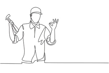 Poster - single one line drawing of carpenter with gesture okay works in his workshop making wooden products.