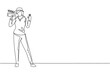 Single continuous line drawing female film director stands with gesture okay holding clapperboard and prepare camera crew for shooting at studio. One line draw graphic design vector illustration