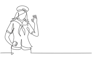 Poster - Single one line drawing sailor woman with gesture okay and scarf around his neck ready sail across seas in a ship headed by captain. Modern continuous line draw design graphic vector illustration