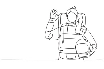 Poster - Continuous one line drawing female astronaut with gesture okay wearing spacesuits to explore outer space in search mysteries of universe. Great job. Single line draw design vector graphic illustration
