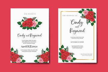 Wedding invitation frame set, floral watercolor hand drawn Red Hibiscus Flower design Invitation Card Template