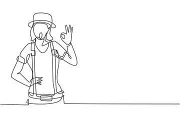Aufkleber - Continuous one line drawing female mime artist with gesture okay and white face make-up puts on a silent motion comedy show at circus arena. Single line draw design vector graphic illustration