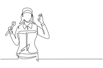 Poster - continuous one line drawing female mechanic with gesture okay and holding wrench works to fix broken