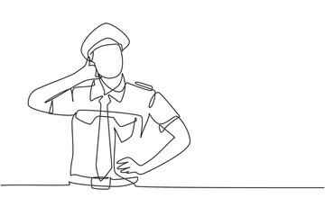 Poster - Continuous one line drawing pilot with call me gesture and full uniform ready to fly with cabin crew in aircraft at airport. Professional person. Single line draw design vector graphic illustration