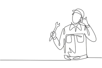 Poster - continuous one line drawing mechanic with call me gesture and holding wrench works to fix broken car