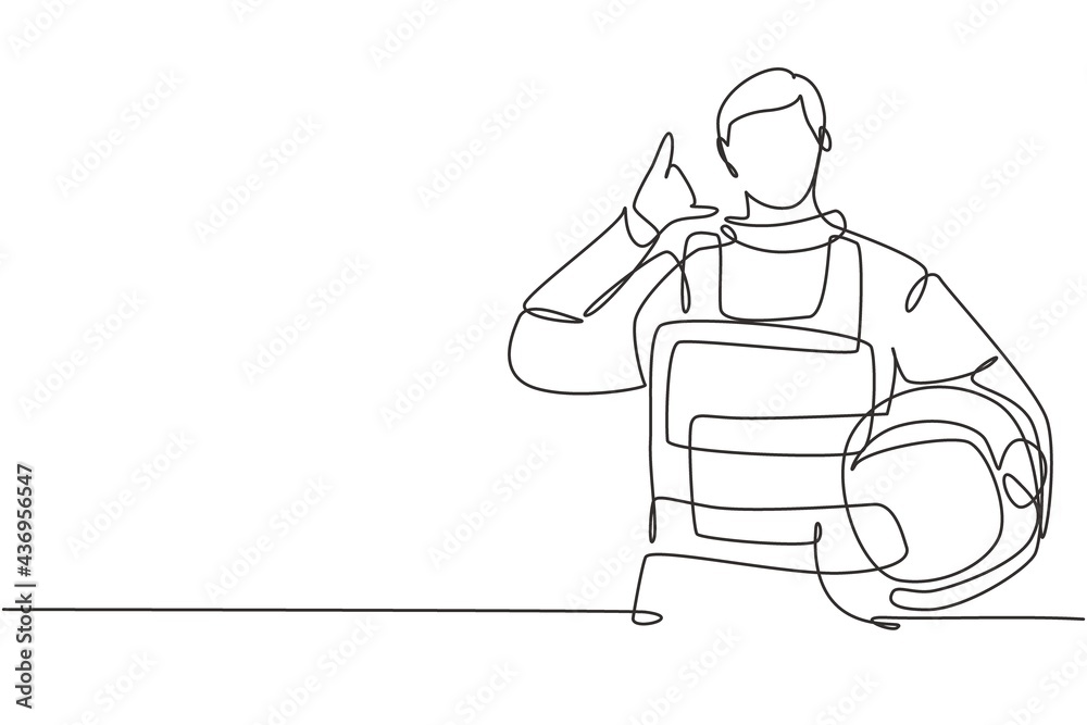 Single continuous line drawing astronaut with call me gesture wearing ...