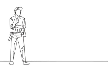 Poster - Single one line drawing handyman stands with call me gesture and tools such as pliers, screwdriver, hammer that is placed on work shirt. Modern continuous line draw design graphic vector illustration