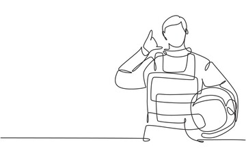 Poster - Single continuous line drawing astronaut with call me gesture wearing spacesuits to explore outer space in search mysteries of universe. Great job. One line draw graphic design vector illustration