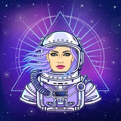 Wall Mural - Animation portrait of the young woman astronaut in an open space suit. Background - the night star sky. Vector illustration. Print, poster, t-shirt, card.