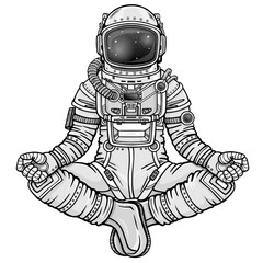 Animation figure of the astronaut sitting in a Buddha pose. Meditation in space. Monochrome drawing. Vector illustration isolated on a white background.  Print, poster, t-shirt, card.