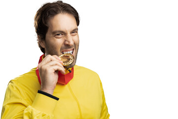 Wall Mural - male athlete smiling after winning a gold medal in a white background