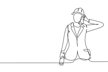 Poster - Single one line drawing female architect with call me gesture and wearing helmet carried building construction drawing paper. Success business. Continuous line draw design graphic vector illustration