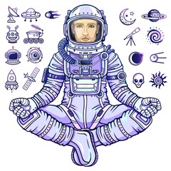 Wall Mural - Animation figure of the astronaut sitting in Buddha pose. Meditation in space. Set of icons. Color drawing. Vector illustration isolated on a white background. Print, poster, t-shirt, card.