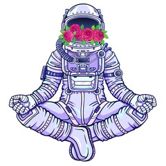 Wall Mural - Animation figure of the astronaut sitting in Buddha pose. Meditation in space.  Color drawing. Vector illustration isolated on a white background. Print, poster, t-shirt, card.
