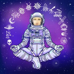 Wall Mural - Animation figure of the astronaut sitting in Buddha pose. Meditation in space. Set of icons. Color drawing. Background - the night star sky. Vector illustration. Print, poster, t-shirt, card.