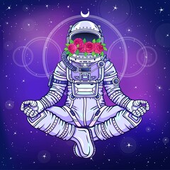 Wall Mural - Animation figure of the astronaut sitting in Buddha pose. Meditation in space. Color drawing. Background - the night star sky. Vector illustration. Print, poster, t-shirt, card.