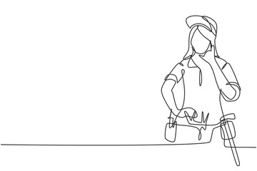 Wall Mural - Continuous one line drawing handywoman with call me gesture ready to work on repairing damaged part of house. Professional work. Success business. Single line draw design vector graphic illustration