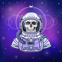 Wall Mural - Animation Astronaut skeleton in a space suit. Color drawing. Background - the night star sky. Vector illustration.  Print, poster, t-shirt, card.