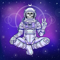 animation figure of the astronaut skeleton sitting in buddha pose. meditation in space. color drawin