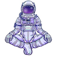 Wall Mural - Animation figure of the astronaut sitting in Buddha pose. Meditation in space. Color drawing. Vector illustration isolated on a white background. Print, poster, t-shirt, card.