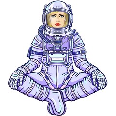 Wall Mural - Animation figure of the woman astronaut sitting in a Buddha pose. Meditation in space. Color drawing. Vector illustration isolated on a white background. Print, poster, t-shirt, card.