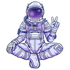Wall Mural - Animation figure of the astronaut sitting in Buddha pose. Meditation in space. Color drawing. Vector illustration isolated on a white background. Print, poster, t-shirt, card.