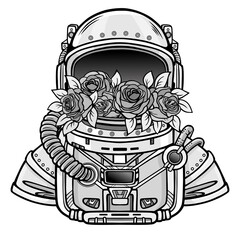 Wall Mural - Space helmet of the astronaut is filled in flowers roses.  Monochrome drawing. Vector illustration isolated on a white background. Print, poster, t-shirt, card.