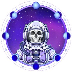 Wall Mural - Animation Astronaut skeleton in a space suit. Color drawing. Background - the night star sky, circle phase of the moon. Vector illustration.  Print, poster, t-shirt, card.