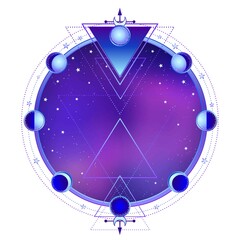 Wall Mural - Mysterious background: night star sky, circle of a phase of the moon, sacred geometry.  Esoteric, mysticism, occultism. Print, poster, t-shirt, card. Vector illustration. Place for the text.