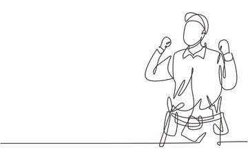 Poster - Single one line drawing handyman with celebrate gesture ready to work on repairing the damaged part of house. Professional work concept. Modern continuous line draw design graphic vector illustration