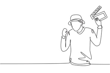 Poster - Single one line drawing film director with celebrate gesture holding clapperboard and set crew for studio shooting. Professional work. Modern continuous line draw design graphic vector illustration