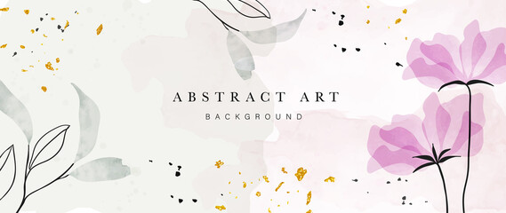 Abstract art background vector. Luxury minimal style wallpaper with golden line art flower and botanical leaves, Organic shapes, Watercolor. Vector background for banner, poster, Web and packaging.
