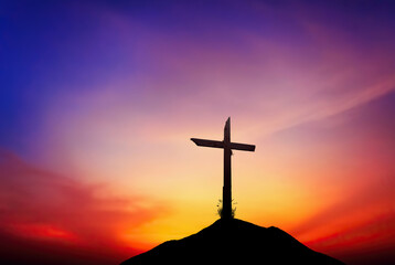 Wall Mural - Christian wooden cross over beautiful sunset background