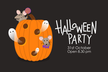 Wall Mural - Halloween party invitation card with cute spooky ghosts, rat with candy and scary pumpkin . Holidays cartoon character.