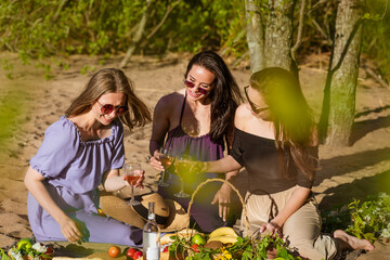 Cheerful women are resting in nature with wine. Beautiful woman in sunglasses are having fun on picnic on beach. Girlfriends drink wine and eat fresh fruit. Stylish in dresses on vacation on sunny day