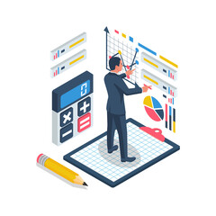 Wall Mural - Financial administration. Businessman interacting with charts, analysing statistics. Business report. Consulting, analysis concept. Vector flat isometric design. Isolated on white background.