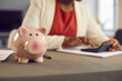 © Studio Romantic - Soft focus shot of pink piggy bank standing on table up close, thrifty young woman with calculator calculating expenses, savings or business profit in background. People, money and finance concept