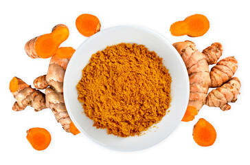 Poster - Top view of Turmeric roots with turmeric powder isolated on white background