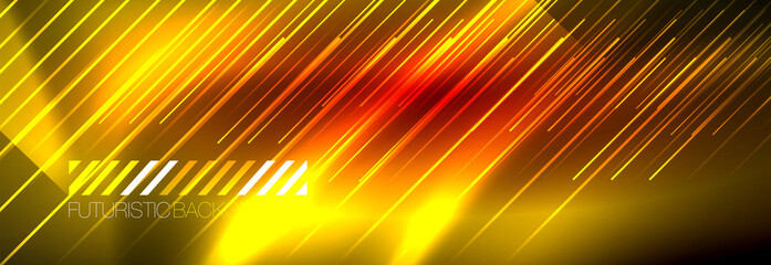 Neon glowing lines, magic energy and light motion background. Vector wallpaper template